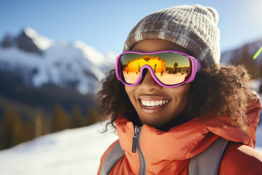  Young black woman wearing sunglasses and ski equipment in ski resort on Matterhorn, winter holiday concept.
