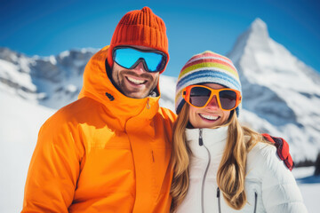 Fototapeta na wymiar Happy young couple with sunglasses and ski equipment in ski resort Matterhorn, winter holiday concept