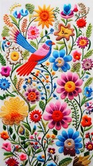 Naklejka premium Mexican embroidery with flower and bird print. White background.