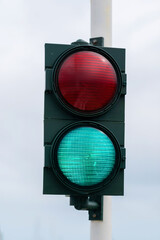 Traffic light with barrier gate work. Traffic lights with two colors on, red and green. Italy,...