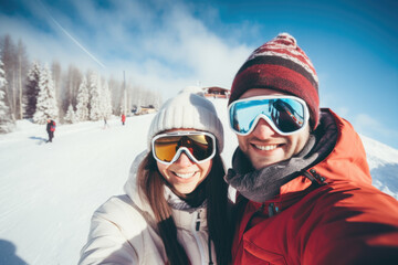 Happy young couple with sunglasses and ski equipment in ski resort Bukovel, having fun and taking selfie, winter holiday concept