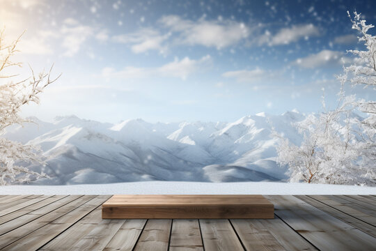 Wooden platform on the background of snowy mountains. 3d rendering