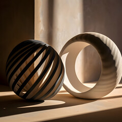 A pottery sculpture from ModernArtClay, playing with geometry and shadows, photographed with a prime lens at f 1.4 Generative AI