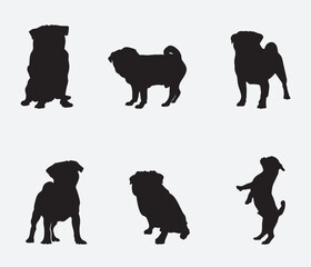 Set of Pug Dogs Silhouette, Pet, Dog Breed