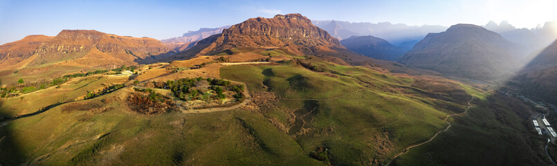 Aerial view of Cathedral Peak in Drakensberg mountains, at the Lesotho border in KwaZulu-Natal...