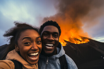 Generative AI self portrait of excited couple traveling together making selfies blogging exploring volcano erupting lava