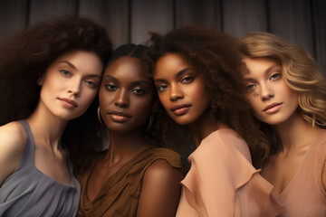Obraz premium Generative AI portrait group of attractive female fashion models amazing appearance skin all races tones ethnicity