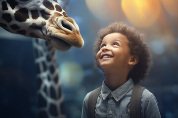 Generative ai collage photo of cute kid explore nature care for wild animal