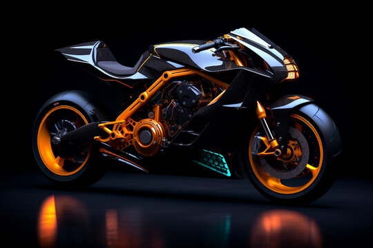 Generative AI futuristic image of motorbike illuminated by glowing neon lights isolated on dark background