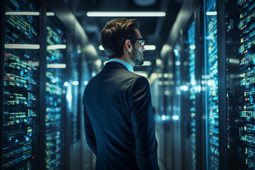 Generative ai collage image photo of professional it specialist analyzing data warehouse room