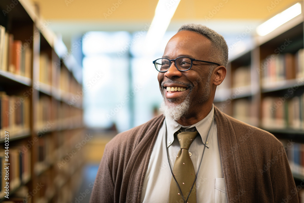Poster portrait of handsome happy man professional instructor scientist against a library bookshelf backgro