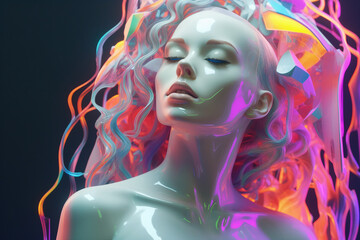 Photography futuristic image of plastic tender sensual woman glossy figure face statue gradient filter bright colors generative ai - Powered by Adobe