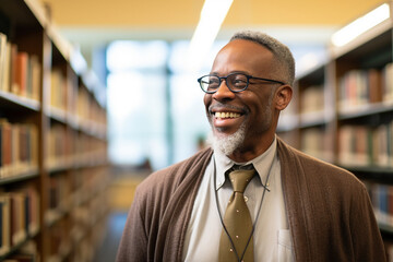 Portrait of handsome happy man professional instructor scientist against a library bookshelf background generative AI