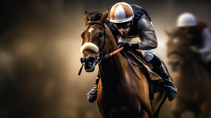 Jockey champion on racing horse. Generative AI - obrazy, fototapety, plakaty