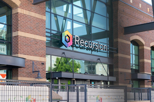 Recursion Pharmaceuticals headquarters at Gateway district in Salt Lake City, Utah, United States - June 27, 2023. Recursion Pharmaceuticals is an American biotech company.