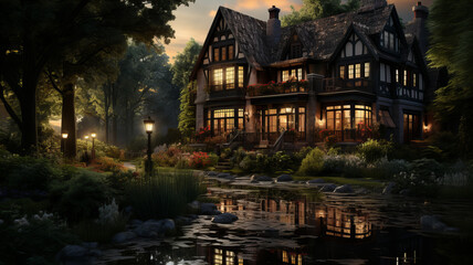 Wooden forest house with a pond, illuminated by the rays of the setting sun. Generative AI technology.