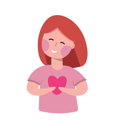 Young positive woman holding heart. Vector illustration in minimalist style