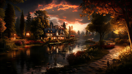 Wooden forest house with a pond, illuminated by the rays of the setting sun. Generative AI technology.