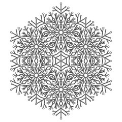 Round black and white snowflake. Abstract winter ornament. Fine snowflake