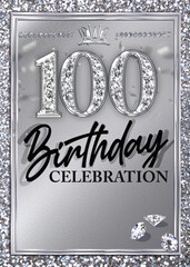 100th Silver Birthday Invitation Diamond Glitter Template
