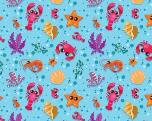 seamless pattern with fishes crabs shells sea beach