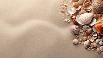 Top view of a sandy beach with collection of white and beige seashells and starfish as natural textured background. Generative AI