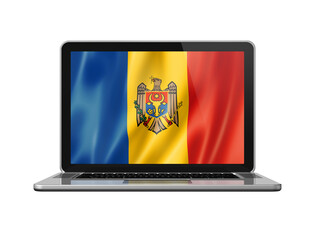Moldova flag on laptop screen isolated on white. 3D illustration
