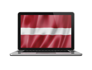 Latvian flag on laptop screen isolated on white. 3D illustration