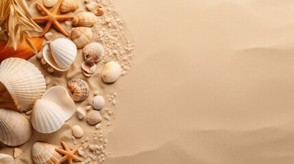 Fototapeta na wymiar Top view of a sandy beach with collection of white and beige seashells and starfish as natural textured background. Generative AI