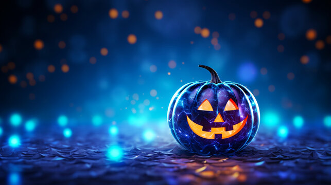 Festive banner with halloween decorations. Blue Jack O lantern.  Postcard with copy space. Black dark and orange shiny glitter with pumpkins.  Bokeh background. Generative AI