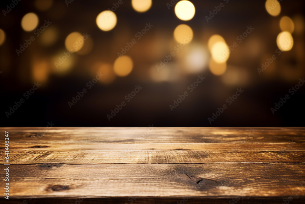 Poster generative ai picture of an evening cozy romantic atmosphere view wooden table in front of blurred b