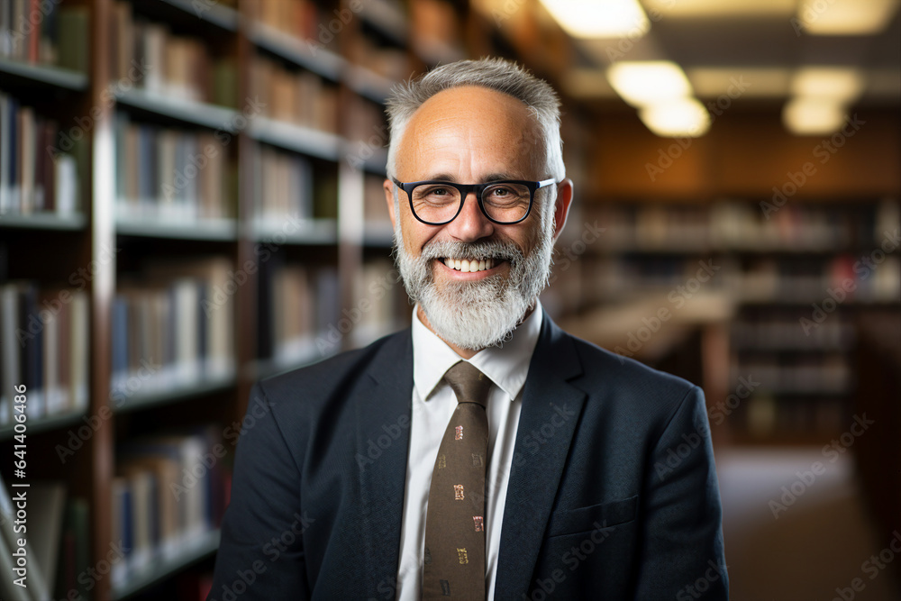 Aufkleber photo generative ai concept of handsome clever wise man professional lecturer in library bookshelf b