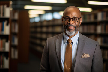 Portrait of handsome happy man professional instructor scientist against a library bookshelf background generative AI
