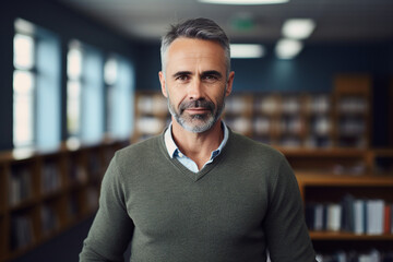 Obraz premium Generative AI concept photo of intelligent handsome male professor on blurred classroom or library background