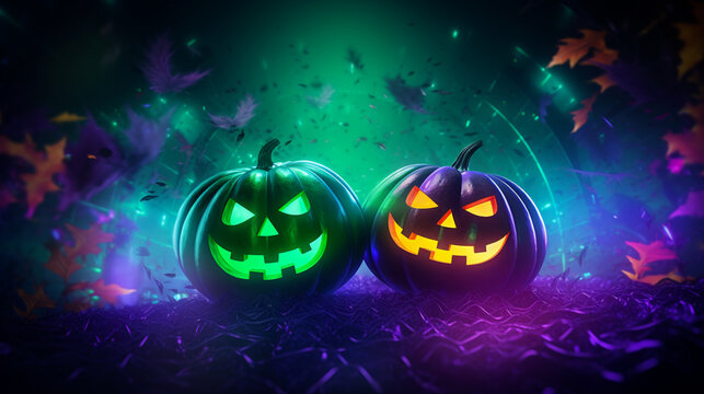 Festive banner with halloween decorations. Green and purple colors,  Jack O lantern.  Postcard with copy space. Black dark and orange shiny glitter with pumpkins.  Bokeh background. Generative AI