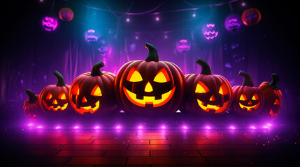 Festive banner with halloween decorations. Jack O lantern.  Postcard with copy space. Black dark and orange shiny glitter with pumpkins.  Bokeh background. Generative AI