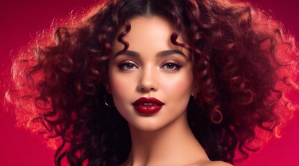 Fototapeta premium Closeup Portrait of a Gorgeous Fashion Model with Curly Hair, Red Lips, Matte Makeup. Fashion Editorial Concept