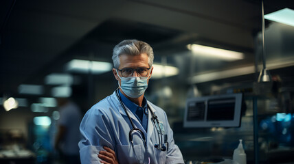 Fototapeta na wymiar Virus protection, doctor with glasses and surgical mask in his medical office 