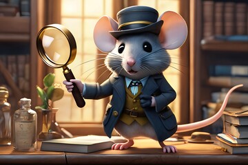 Detective Mouse Illustration: Uncover Clues with a Clever Mouse in Detective Attire, Wielding a...