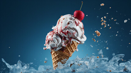 Tasty ice cream with fruits on blue background