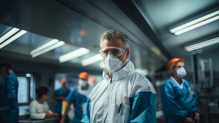 Fototapeta na wymiar Virus protection, doctor with glasses and surgical mask in his medical office 