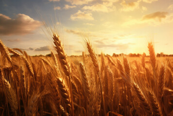 Obraz premium Sunset in wheat field stock orange and gold ai generated