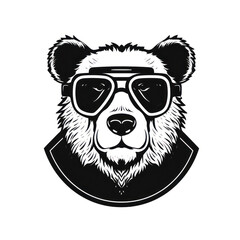 a drawing of a retro bear head with aviators glass on in black and white. Tattoo idea isolated on white.