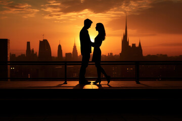 The silhouette of a couple in love. A man and woman stand on a rooftop terrace in front of a sunset and skyline.