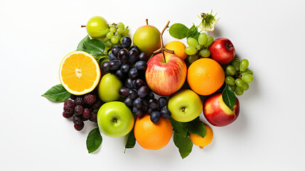 Image of fresh fruits in a studio. White background, Top view - obrazy, fototapety, plakaty
