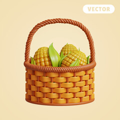 corn in the basket 3D vector icon set, on a cream background