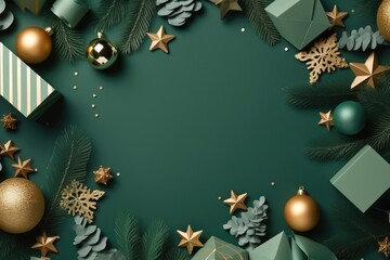 Christmas frame made from gift boxes, paper decorations, jingle bells, spruce branches. Generative AI - Powered by Adobe