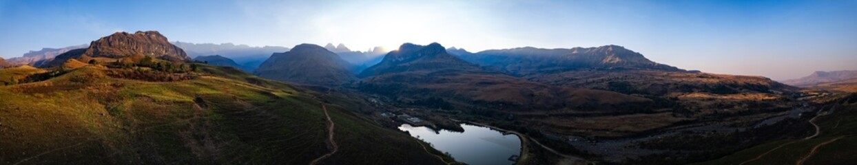 Aerial view of Cathedral Peak in Drakensberg mountains, at the Lesotho border in KwaZulu-Natal province, South Africa
