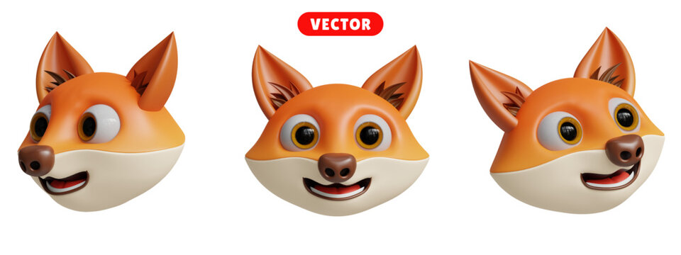 cute fox head 3D vector icon set.