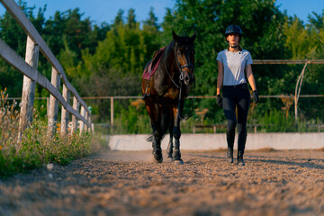 A helmeted rider leads her beautiful black horse by the harness in the riding arena during a...